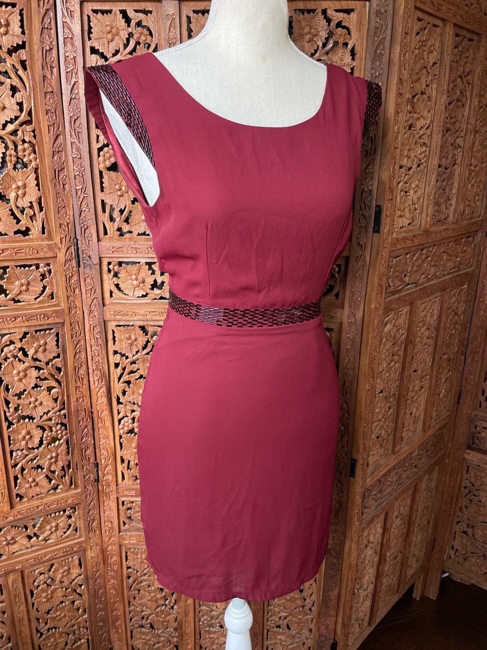 Burgundy Red Vintage Classy Beaded Sleeveless Backless Sheath Mini Dress
